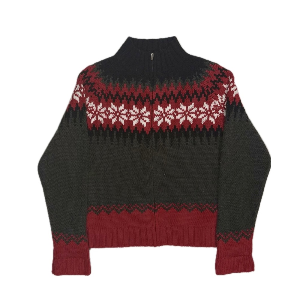 Sonoma 100% acrylic black‎ red snowflake fair isle knit zip sweater women large